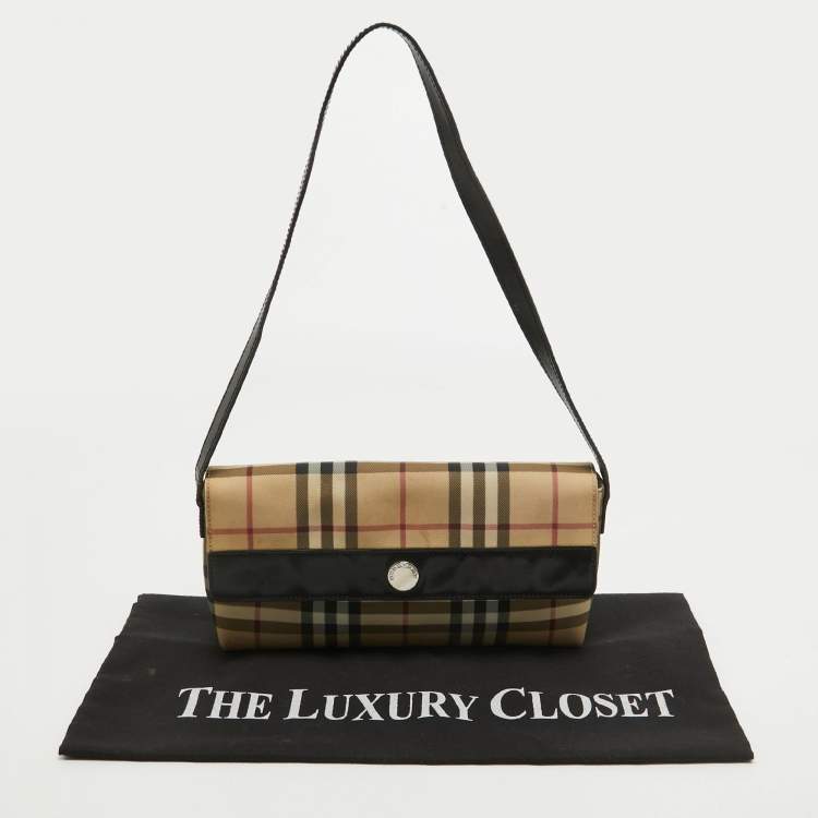 Pre Owned Burberry Cream/Black House Check Coated Canvas and Leather Baguette Bag