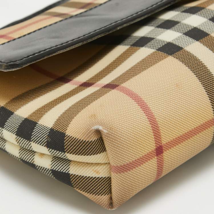 Pre Owned Burberry Cream/Black House Check Coated Canvas and Leather Baguette Bag