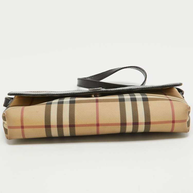 Pre Owned Burberry Cream/Black House Check Coated Canvas and Leather Baguette Bag