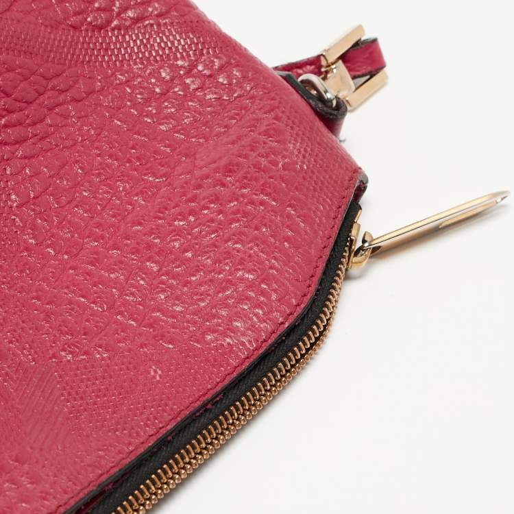 Pre Owned Burberry Magenta Embossed Check Leather Chichester Crossbody Bag