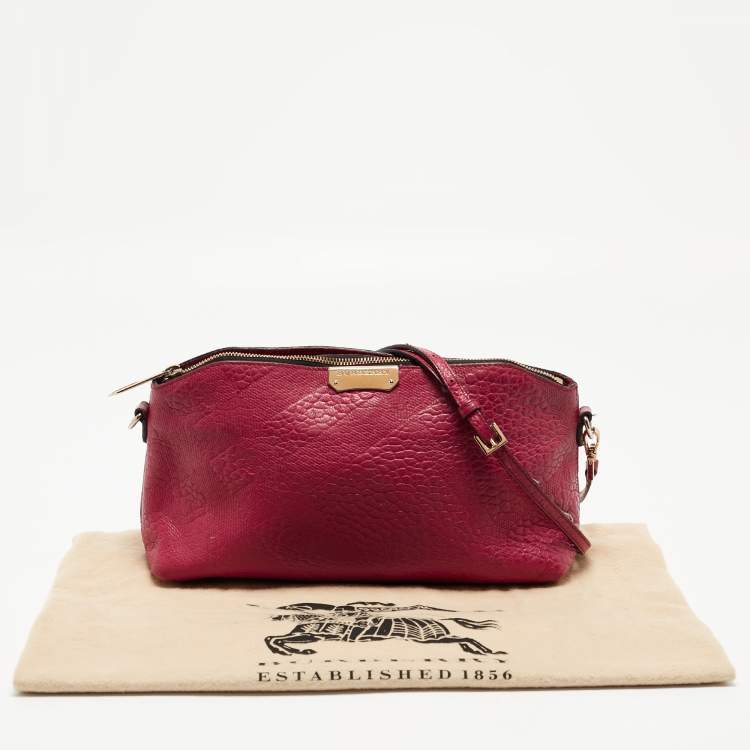 Pre Owned Burberry Magenta Embossed Check Leather Chichester Crossbody Bag