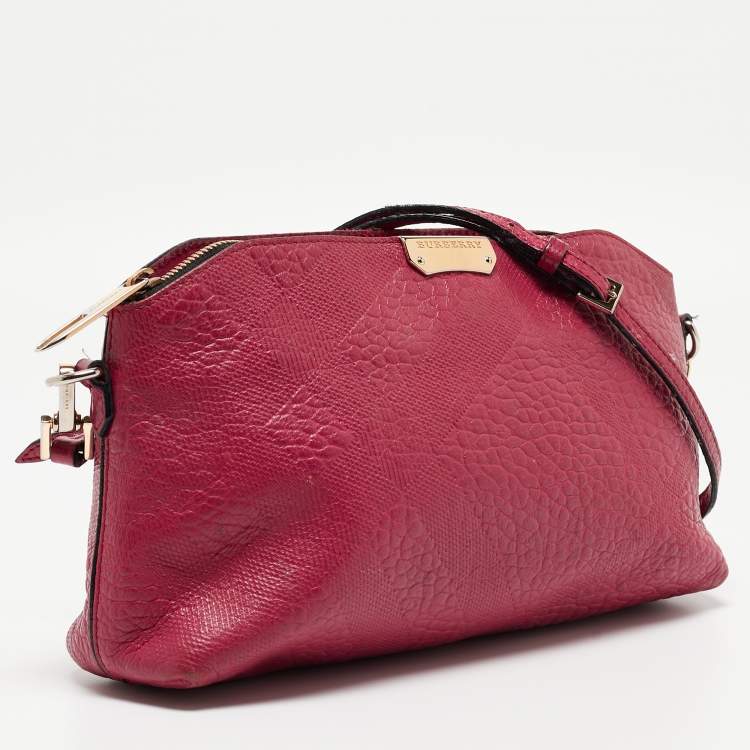 Pre Owned Burberry Magenta Embossed Check Leather Chichester Crossbody Bag