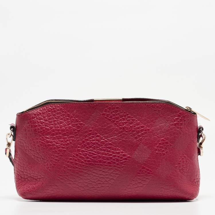 Pre Owned Burberry Magenta Embossed Check Leather Chichester Crossbody Bag