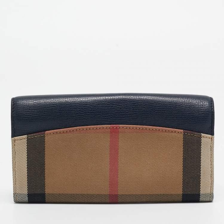 Pre Owned Burberry Navy Blue/Beige House Check Canvas and Leather Flap Continental Wallet