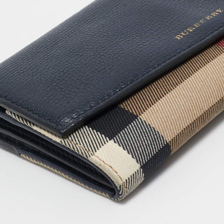 Pre Owned Burberry Navy Blue/Beige House Check Canvas and Leather Flap Continental Wallet
