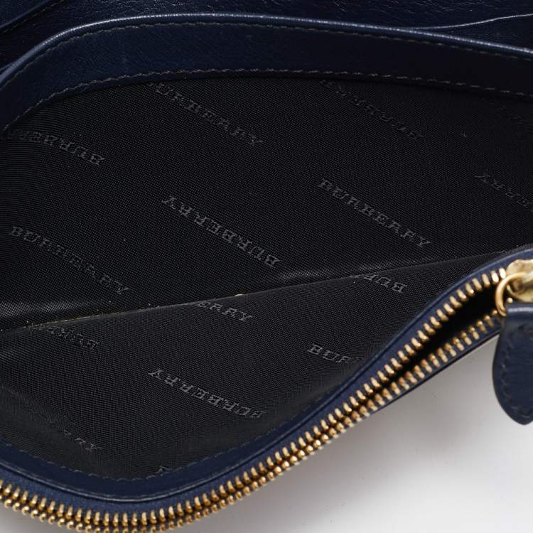 Pre Owned Burberry Navy Blue/Beige House Check Canvas and Leather Flap Continental Wallet