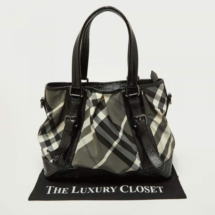 Pre Owned Burberry Black/Grey Beat Check Nylon and Patent Leather Lowry Tote