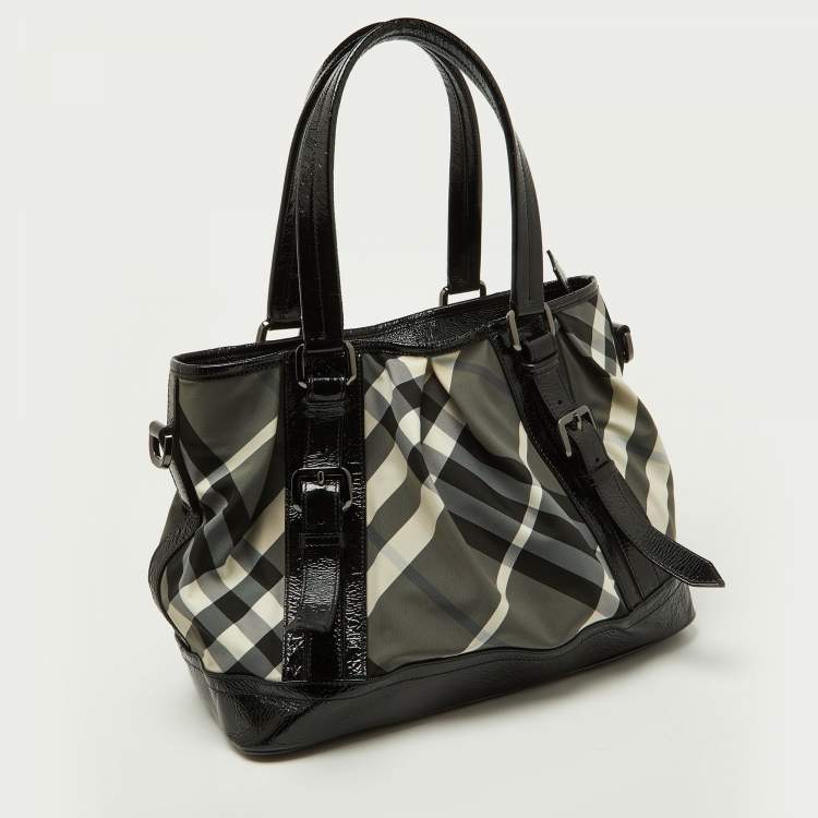 Pre Owned Burberry Black/Grey Beat Check Nylon and Patent Leather Lowry Tote