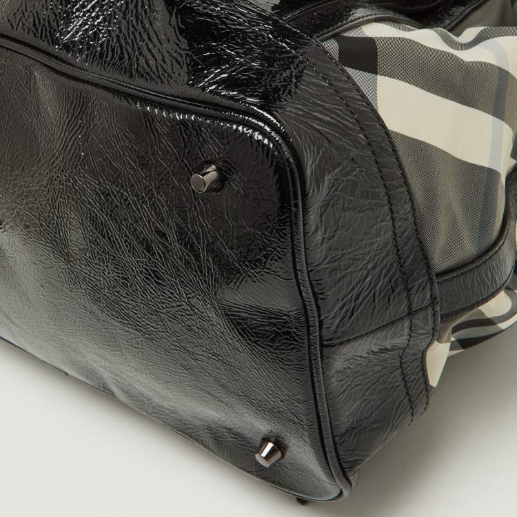 Pre Owned Burberry Black/Grey Beat Check Nylon and Patent Leather Lowry Tote