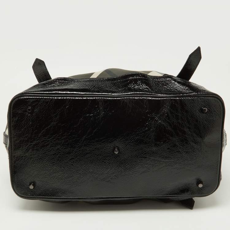 Pre Owned Burberry Black/Grey Beat Check Nylon and Patent Leather Lowry Tote