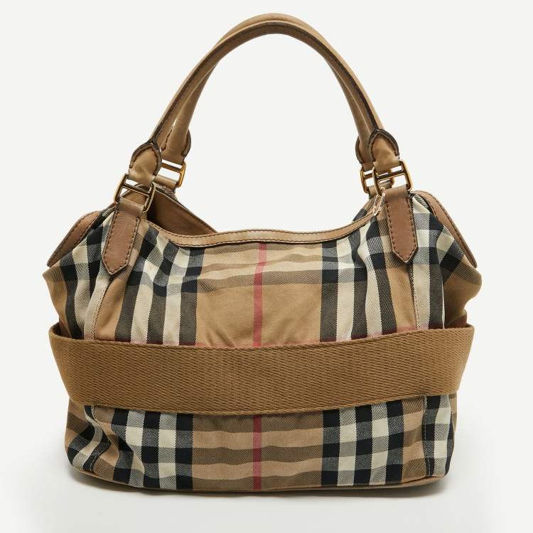 Pre Owned Burberry Beige House Check Canvas and Leather Brecon Tote