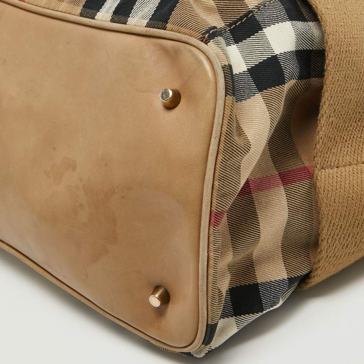 Pre Owned Burberry Beige House Check Canvas and Leather Brecon Tote