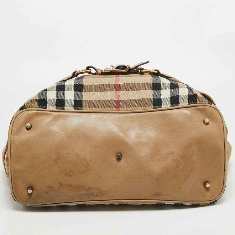 Pre Owned Burberry Beige House Check Canvas and Leather Brecon Tote