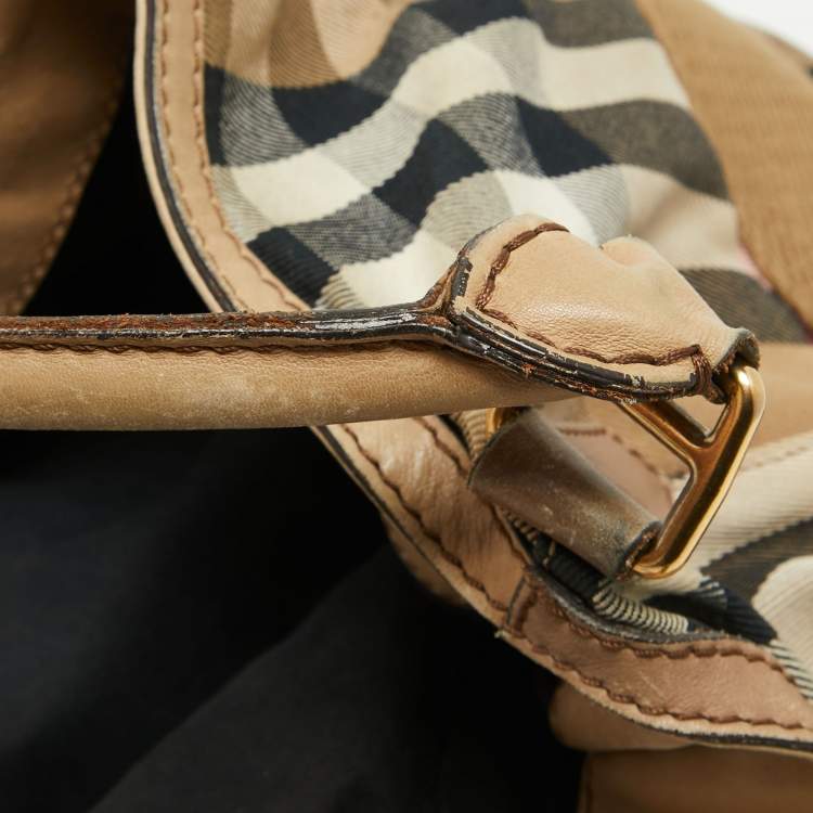 Pre Owned Burberry Beige House Check Canvas and Leather Brecon Tote