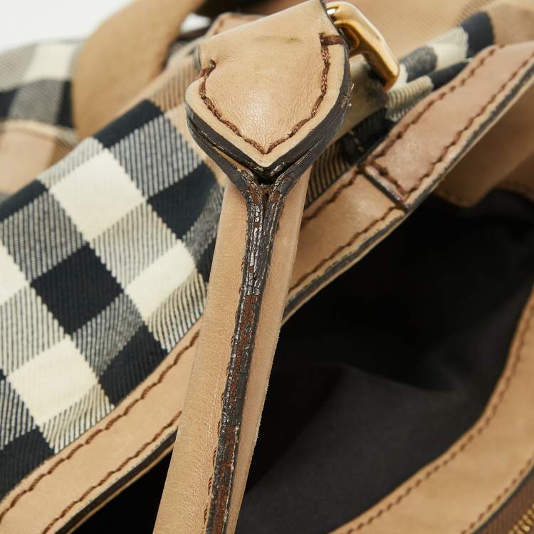 Pre Owned Burberry Beige House Check Canvas and Leather Brecon Tote