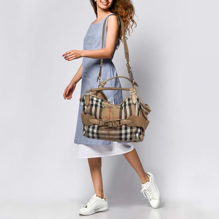Pre Owned Burberry Beige House Check Canvas and Leather Brecon Tote