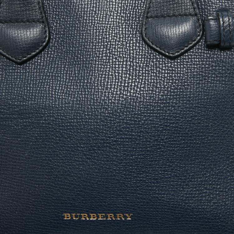 Pre Owned Burberry Navy Blue/Beige House Check Canvas and Leather Mini Banner Tote