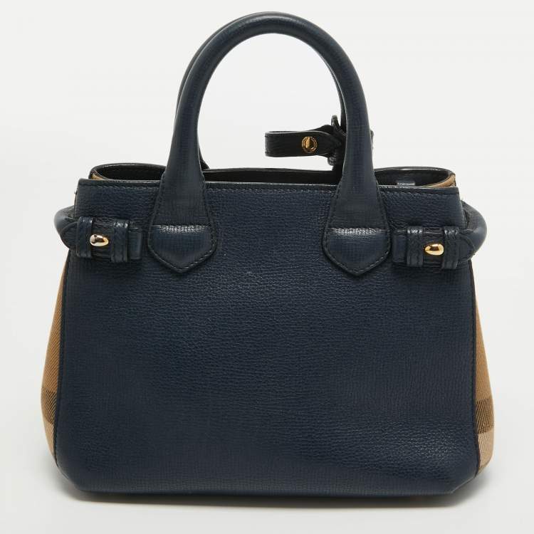 Pre Owned Burberry Navy Blue/Beige House Check Canvas and Leather Mini Banner Tote