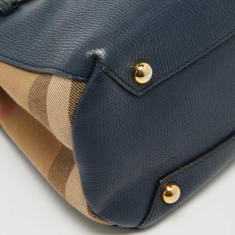 Pre Owned Burberry Navy Blue/Beige House Check Canvas and Leather Mini Banner Tote