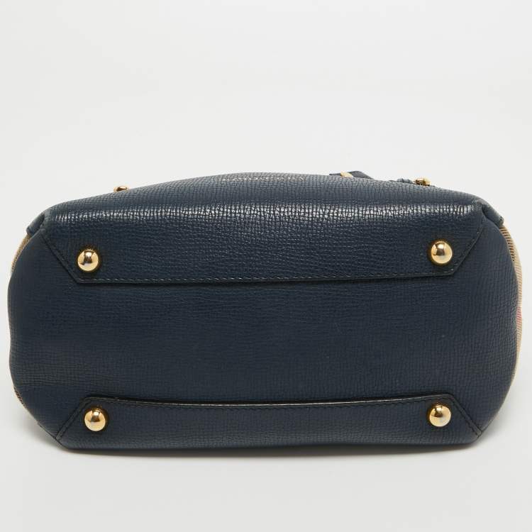 Pre Owned Burberry Navy Blue/Beige House Check Canvas and Leather Mini Banner Tote