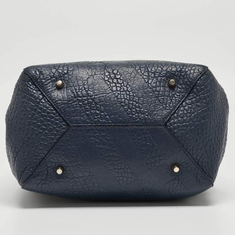 Pre Owned Burberry Navy Blue Embossed Leather Canterbury Tote