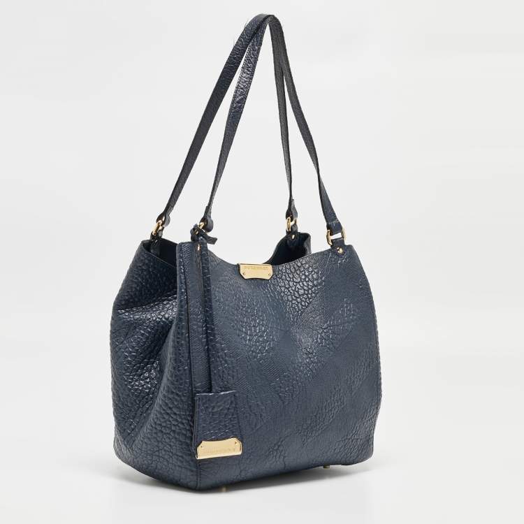 Pre Owned Burberry Navy Blue Embossed Leather Canterbury Tote