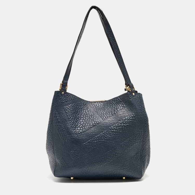Pre Owned Burberry Navy Blue Embossed Leather Canterbury Tote