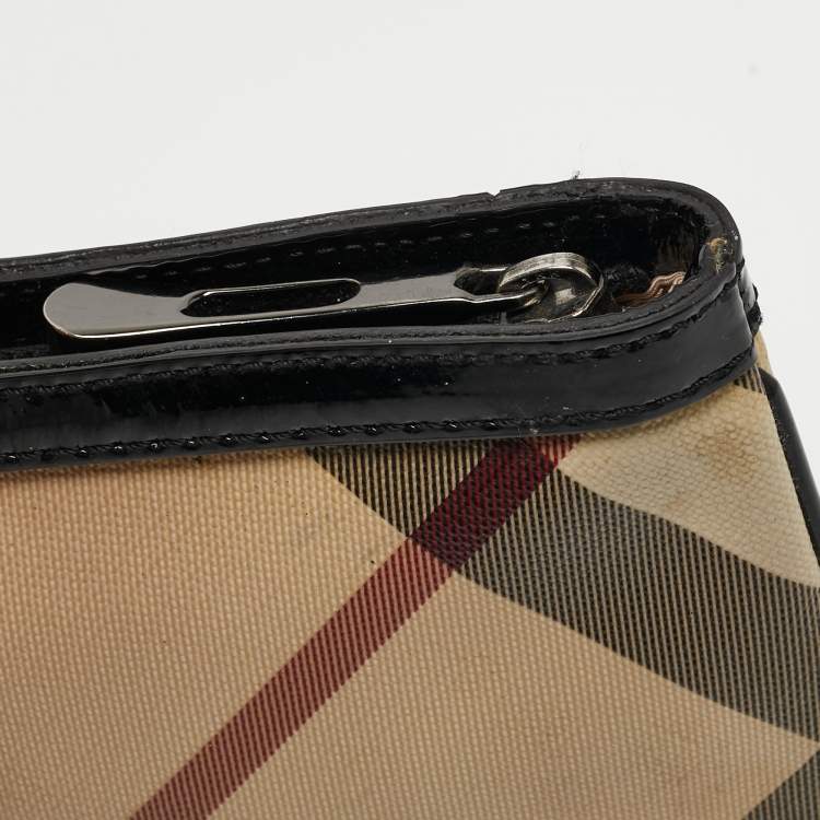 Pre Owned Burberry Beige/Black Nova Check Coated Canvas and Patent Leather Zip Wristlet Clutch