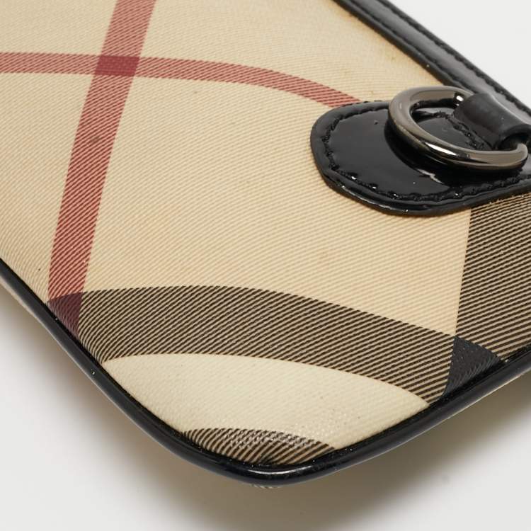 Pre Owned Burberry Beige/Black Nova Check Coated Canvas and Patent Leather Zip Wristlet Clutch