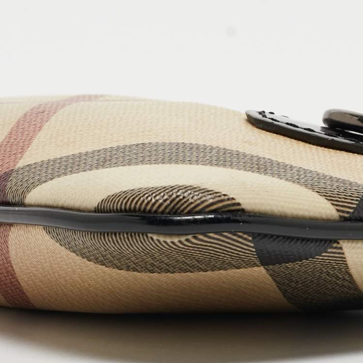 Pre Owned Burberry Beige/Black Nova Check Coated Canvas and Patent Leather Zip Wristlet Clutch