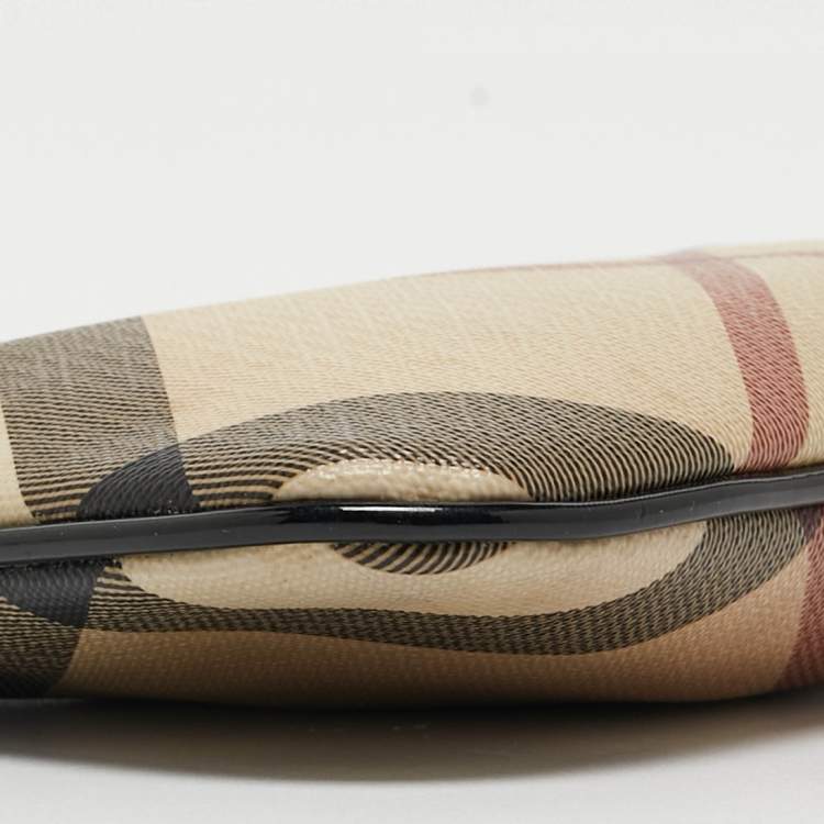 Pre Owned Burberry Beige/Black Nova Check Coated Canvas and Patent Leather Zip Wristlet Clutch