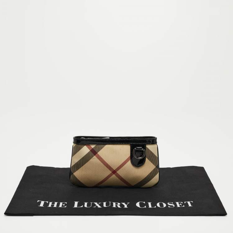 Pre Owned Burberry Beige/Black Nova Check Coated Canvas and Patent Leather Zip Wristlet Clutch