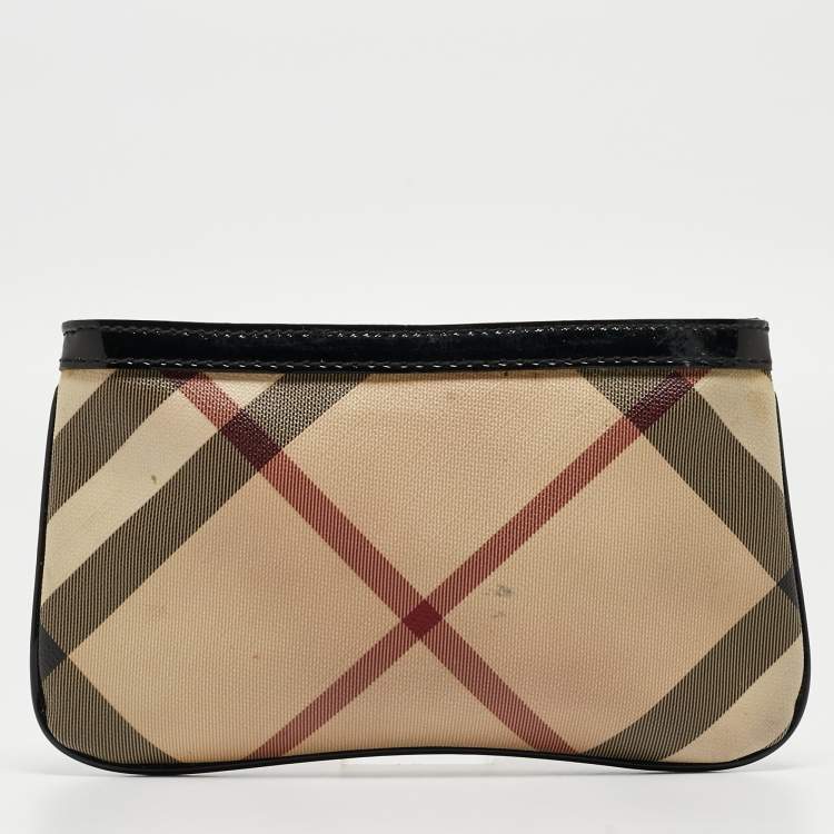 Pre Owned Burberry Beige/Black Nova Check Coated Canvas and Patent Leather Zip Wristlet Clutch