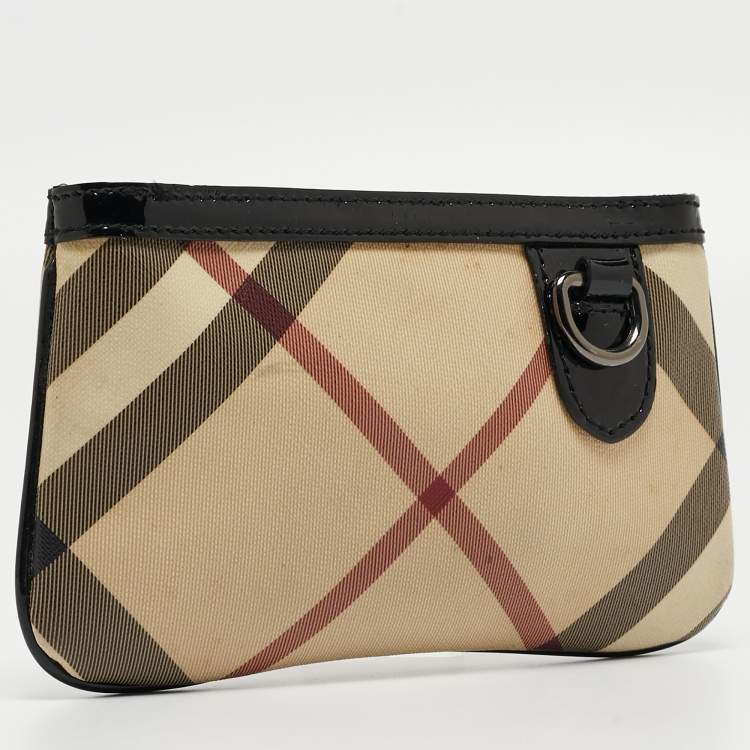 Pre Owned Burberry Beige/Black Nova Check Coated Canvas and Patent Leather Zip Wristlet Clutch
