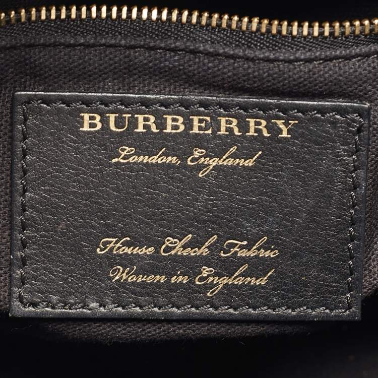Pre Owned Burberry Navy Blue/Beige Leather and House Check Fabric Mini Banner Tote