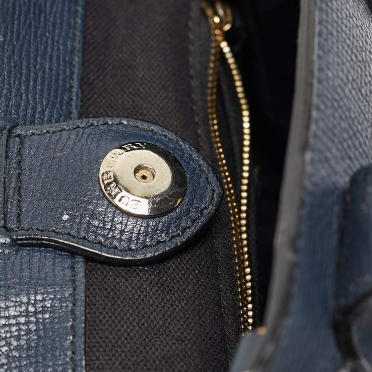 Pre Owned Burberry Navy Blue/Beige Leather and House Check Fabric Mini Banner Tote