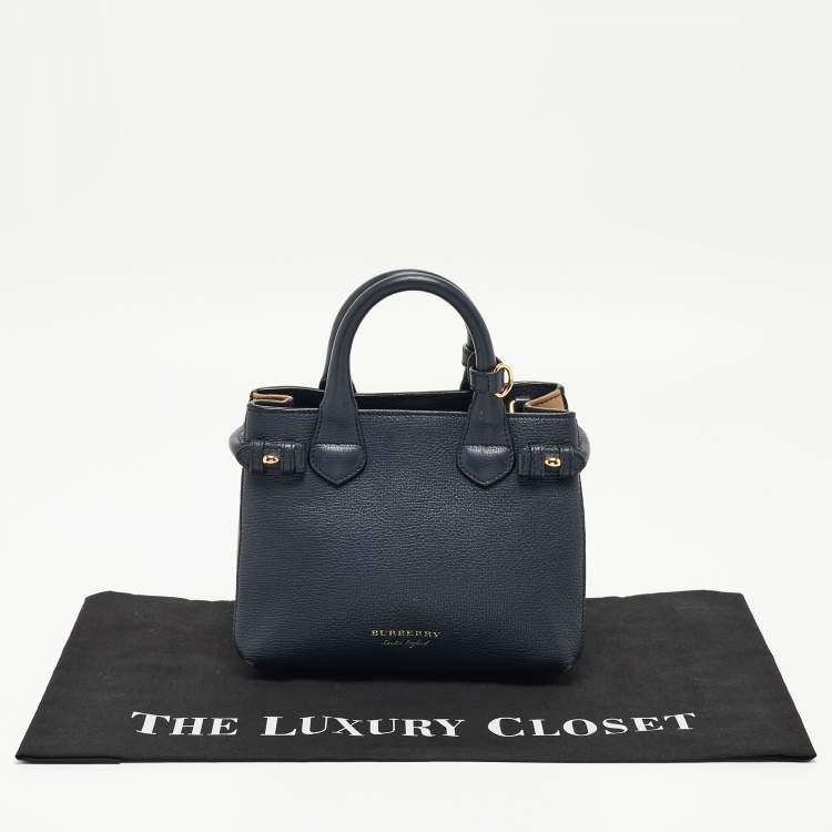 Pre Owned Burberry Navy Blue/Beige Leather and House Check Fabric Mini Banner Tote
