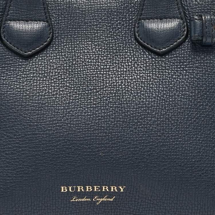 Pre Owned Burberry Navy Blue/Beige Leather and House Check Fabric Mini Banner Tote