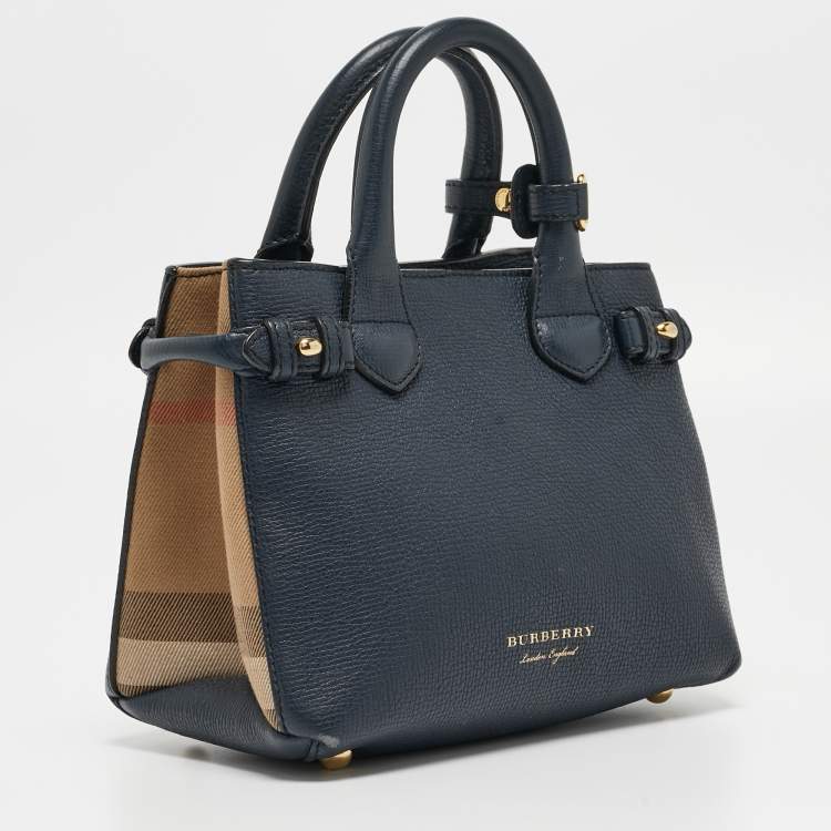 Pre Owned Burberry Navy Blue/Beige Leather and House Check Fabric Mini Banner Tote