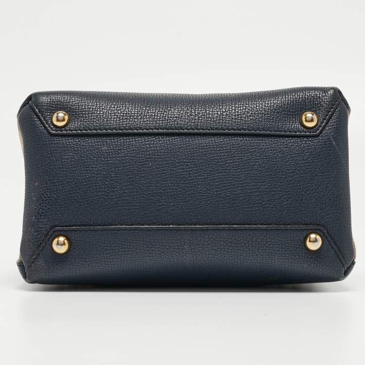 Pre Owned Burberry Navy Blue/Beige Leather and House Check Fabric Mini Banner Tote