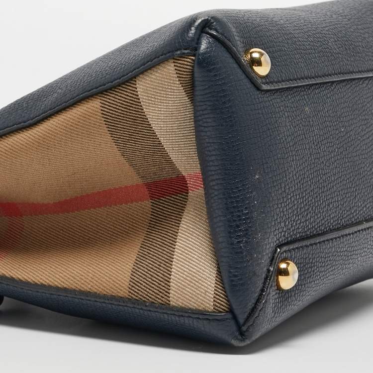 Pre Owned Burberry Navy Blue/Beige Leather and House Check Fabric Mini Banner Tote