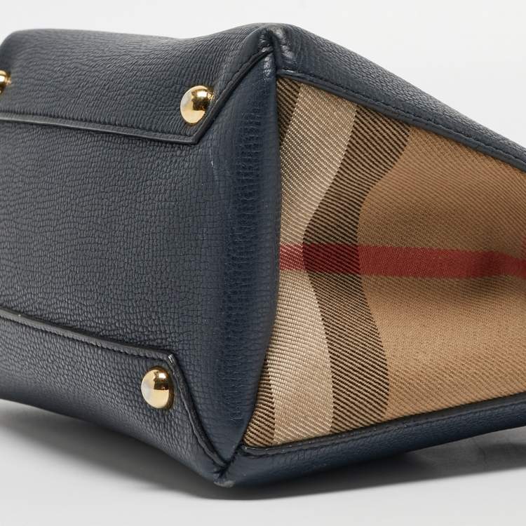 Pre Owned Burberry Navy Blue/Beige Leather and House Check Fabric Mini Banner Tote