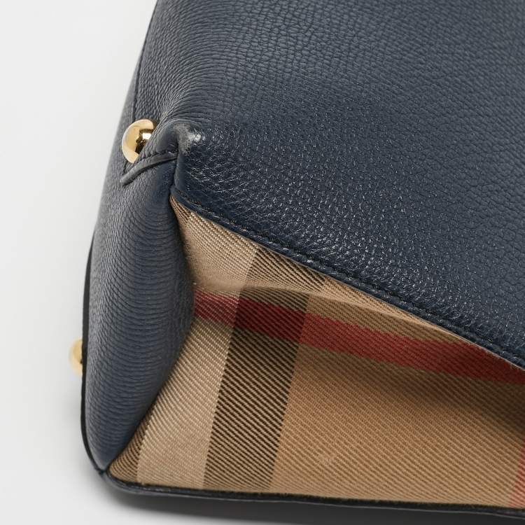 Pre Owned Burberry Navy Blue/Beige Leather and House Check Fabric Mini Banner Tote