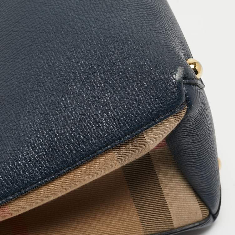 Pre Owned Burberry Navy Blue/Beige Leather and House Check Fabric Mini Banner Tote