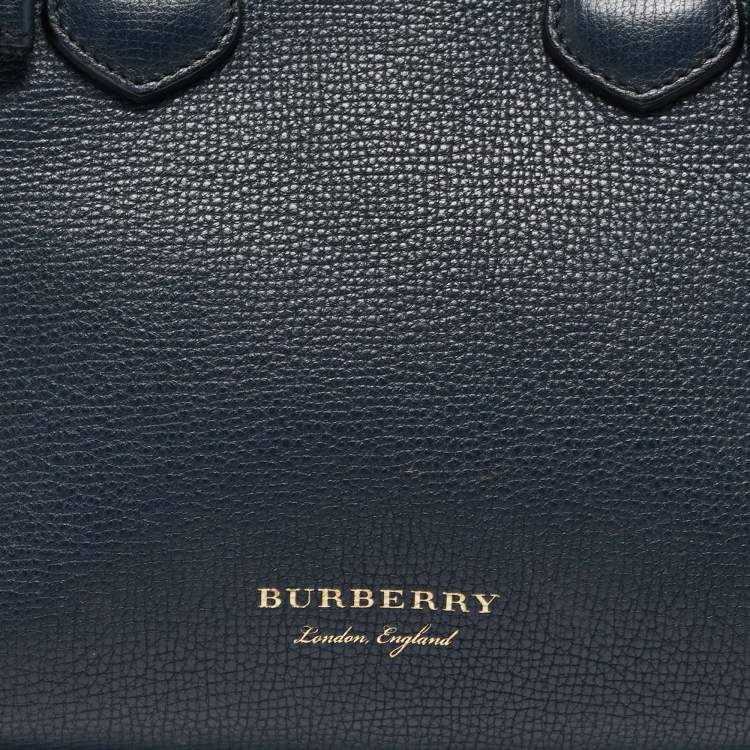 Pre Owned Burberry Navy Blue/Beige Leather and House Check Fabric Mini Banner Tote
