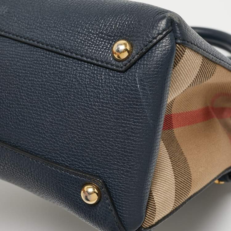 Pre Owned Burberry Navy Blue/Beige Leather and House Check Fabric Mini Banner Tote
