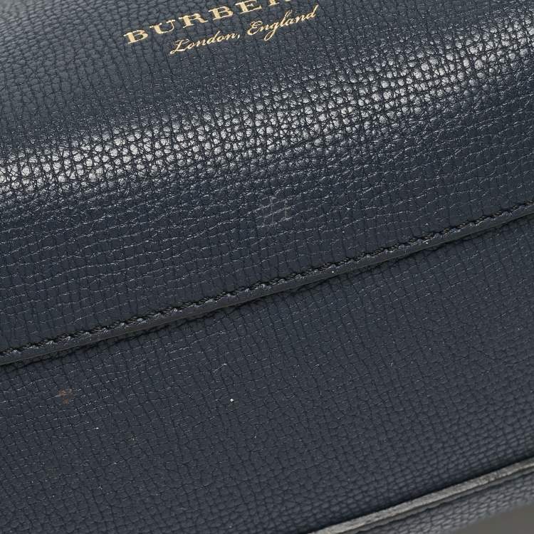 Pre Owned Burberry Navy Blue/Beige Leather and House Check Fabric Mini Banner Tote