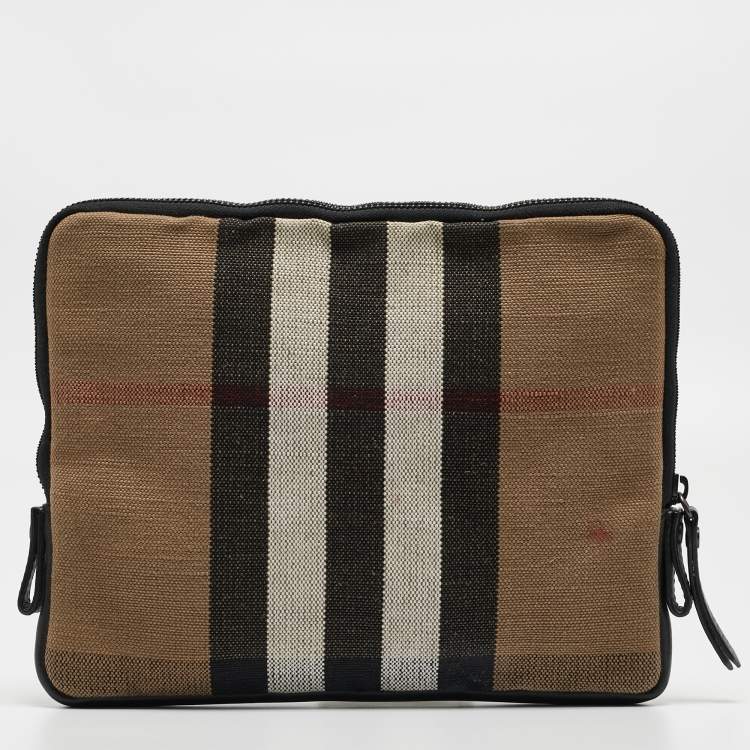 Pre Owned Burberry Beige/Black Exploded Check Canvas and Leather Zip Pouch