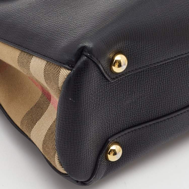 Pre Owned Burberry Black/Beige Leather and House Check Fabric Small Banner Tote