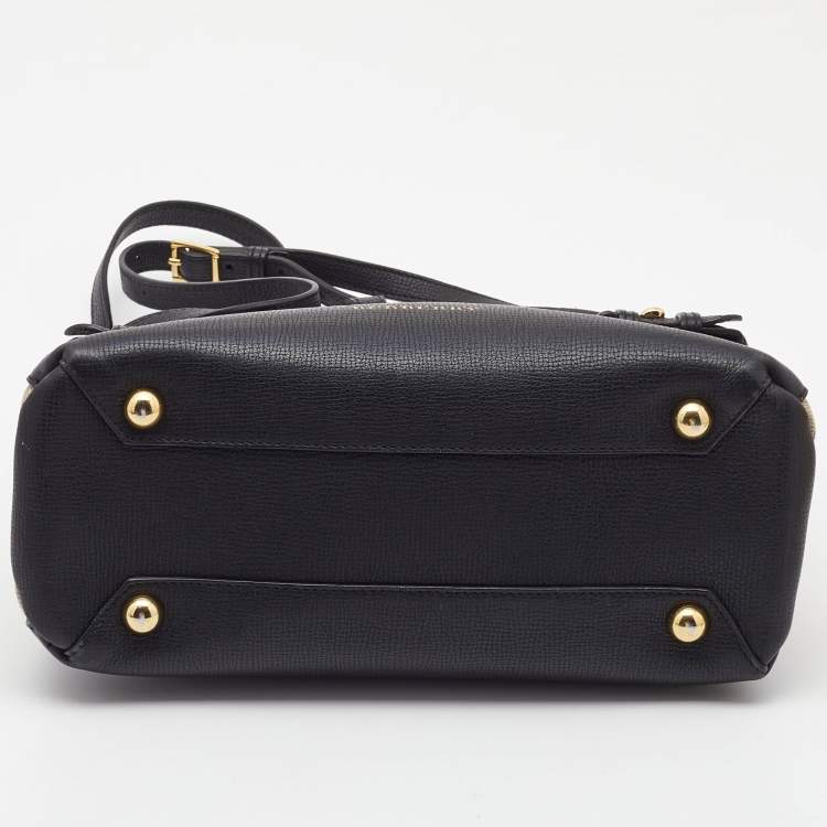 Pre Owned Burberry Black/Beige Leather and House Check Fabric Small Banner Tote